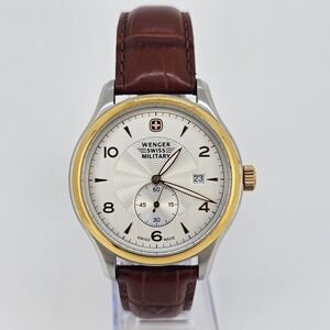Wenger Swiss Military Watch Men 42MM Cream Dial Date Brown Leather Bands NewBatt